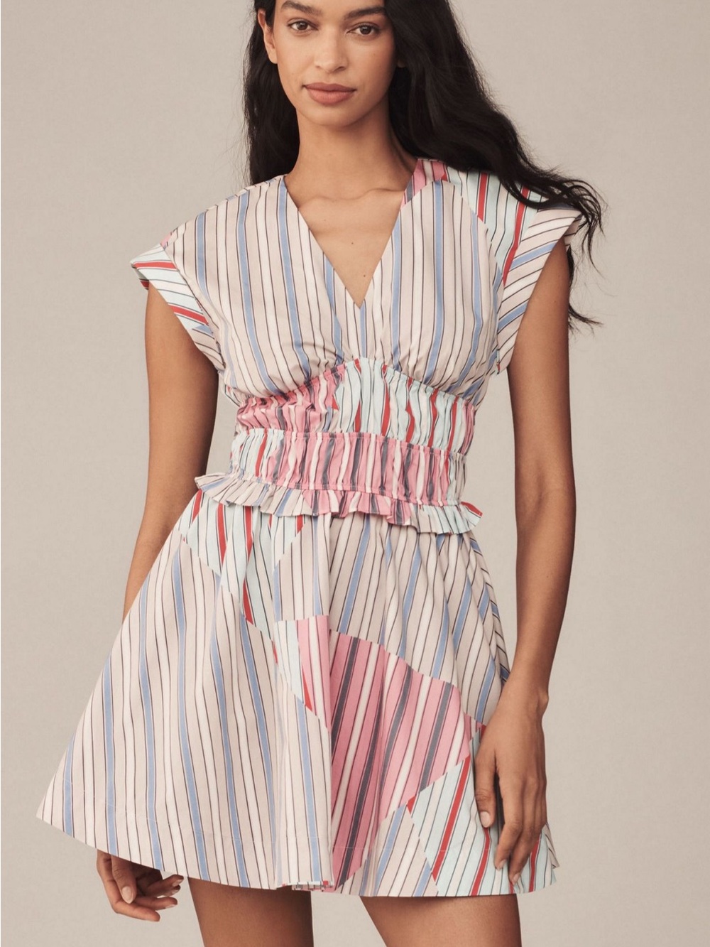 Anthropologie V-neck Striped A-line Mini Dress Pink 100% Cotton Size XS
